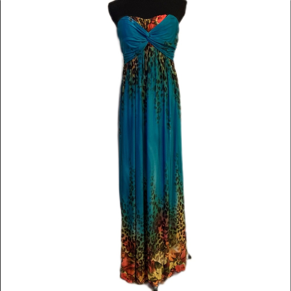 Joseph Ribkoff SZ 15 Turquoise Strapless Animal Print Maxi Dress